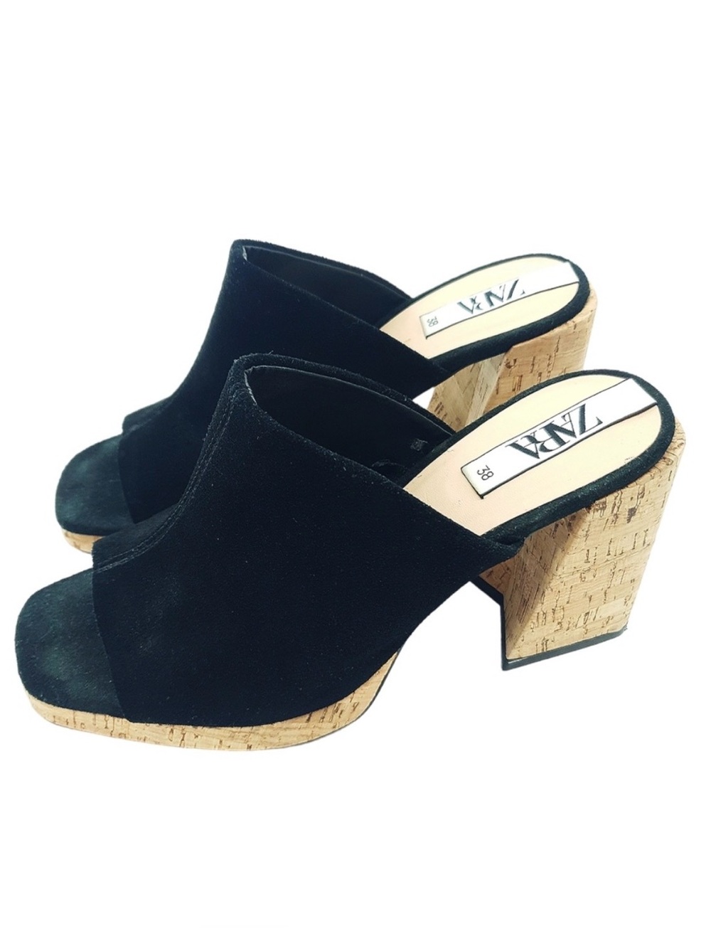 Zara Women's 38 (7.5) Cork Block Heels Peep Toe Mules Black and Tan